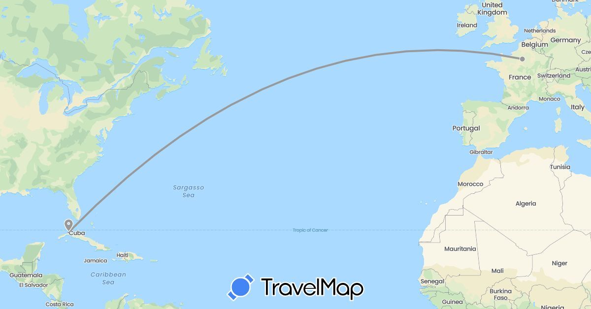 TravelMap itinerary: plane in Cuba, France (Europe, North America)
